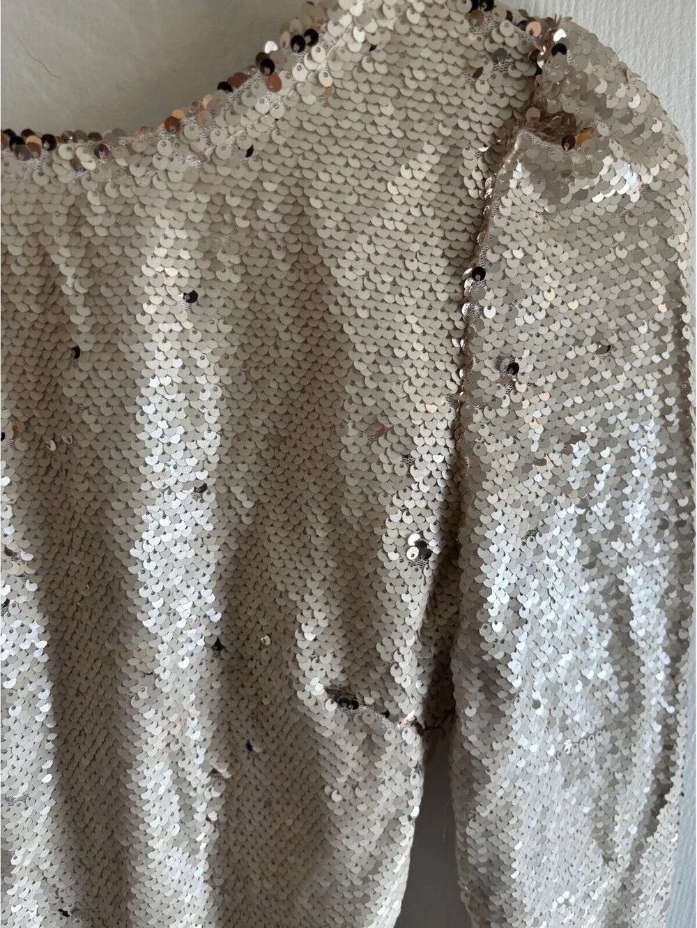 Club L London Cream Gold Sequin Long Sleeve Mini Dress Open Back Bodycon Size 6